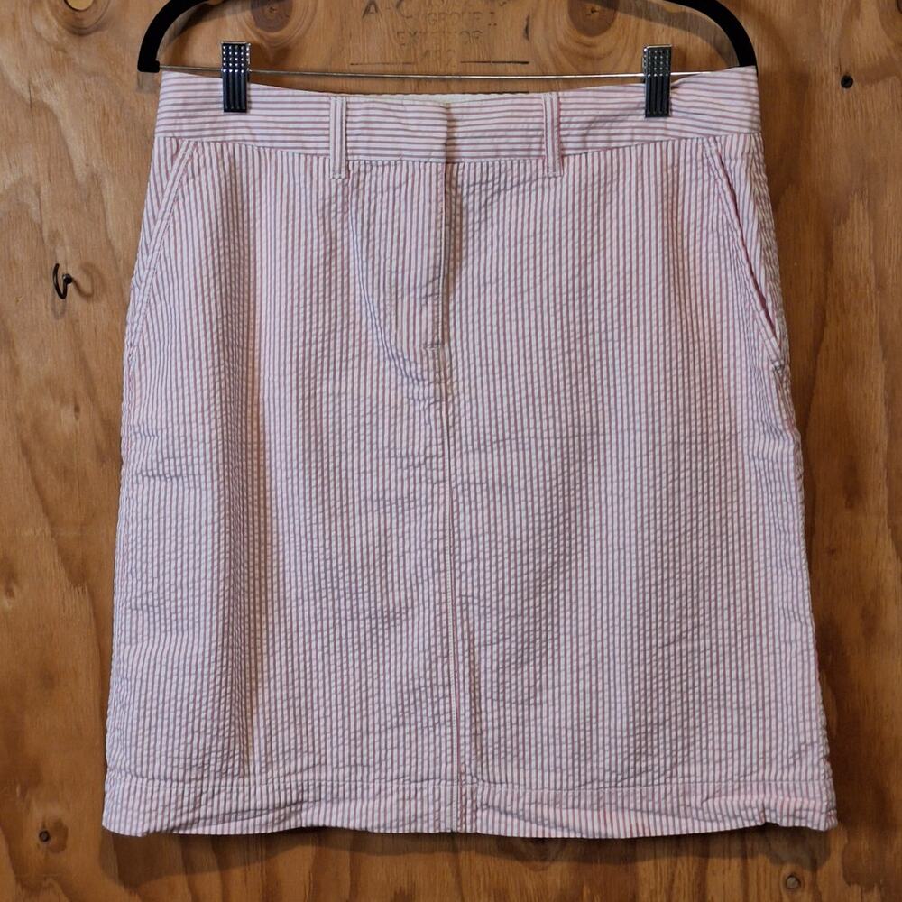 L.L.Bean Skirt Women Size 10 Petite Pink White Seersucker Striped Classic Preppy